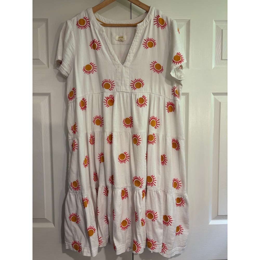 Maeve Anthropologie Sun Embroidered Tiered Babydoll Dress White XL V-Neck Mini